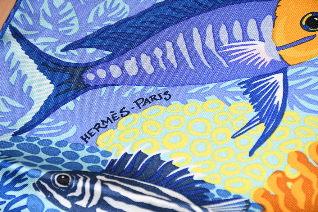 Hermes Scarf Under The Waves 90 cm silk blue Carre sea turtle 35"