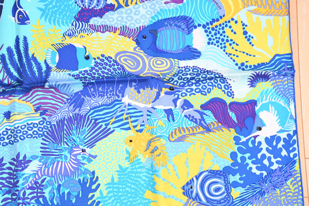Hermes Scarf Under The Waves 90 cm silk blue Carre sea turtle 35"