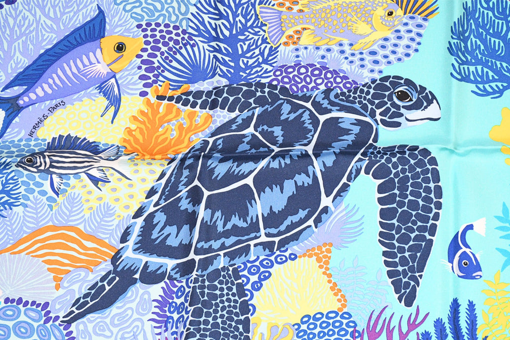 Hermes Scarf Under The Waves 90 cm silk blue Carre sea turtle 35"