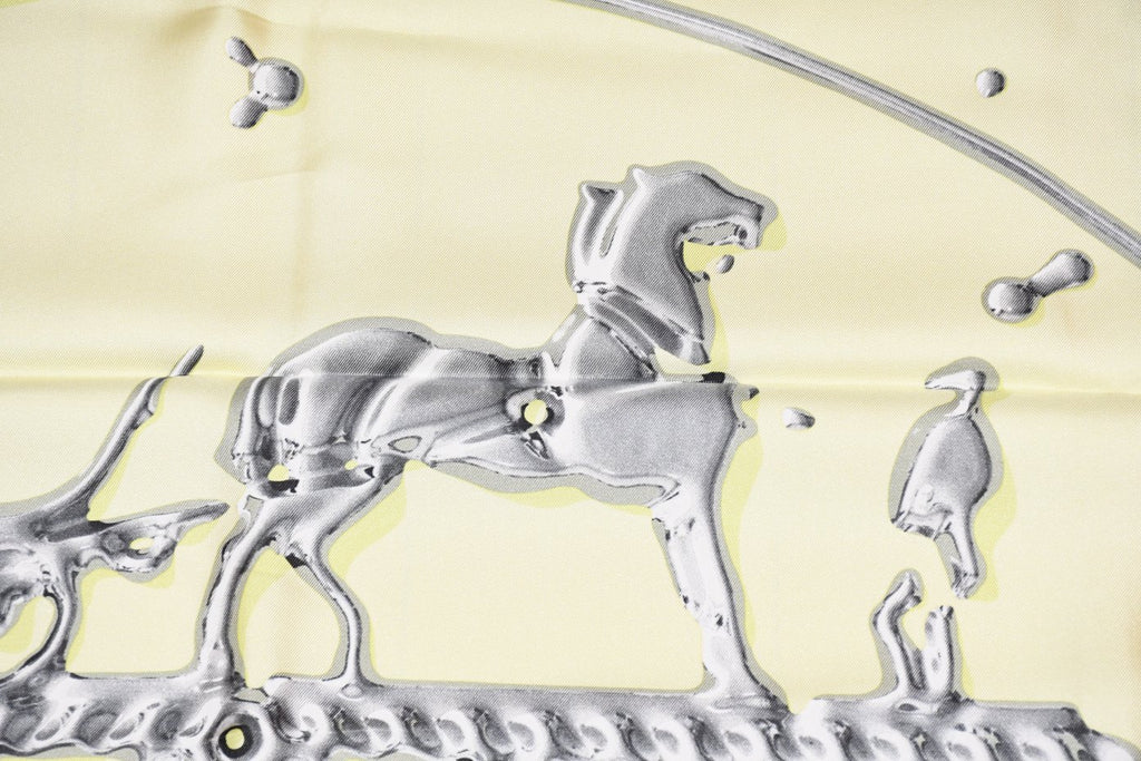 Hermes Scarf Vif Argent by Dimitri Rybaltchenko 90 cm silk light yellow Carre silver drop 35"