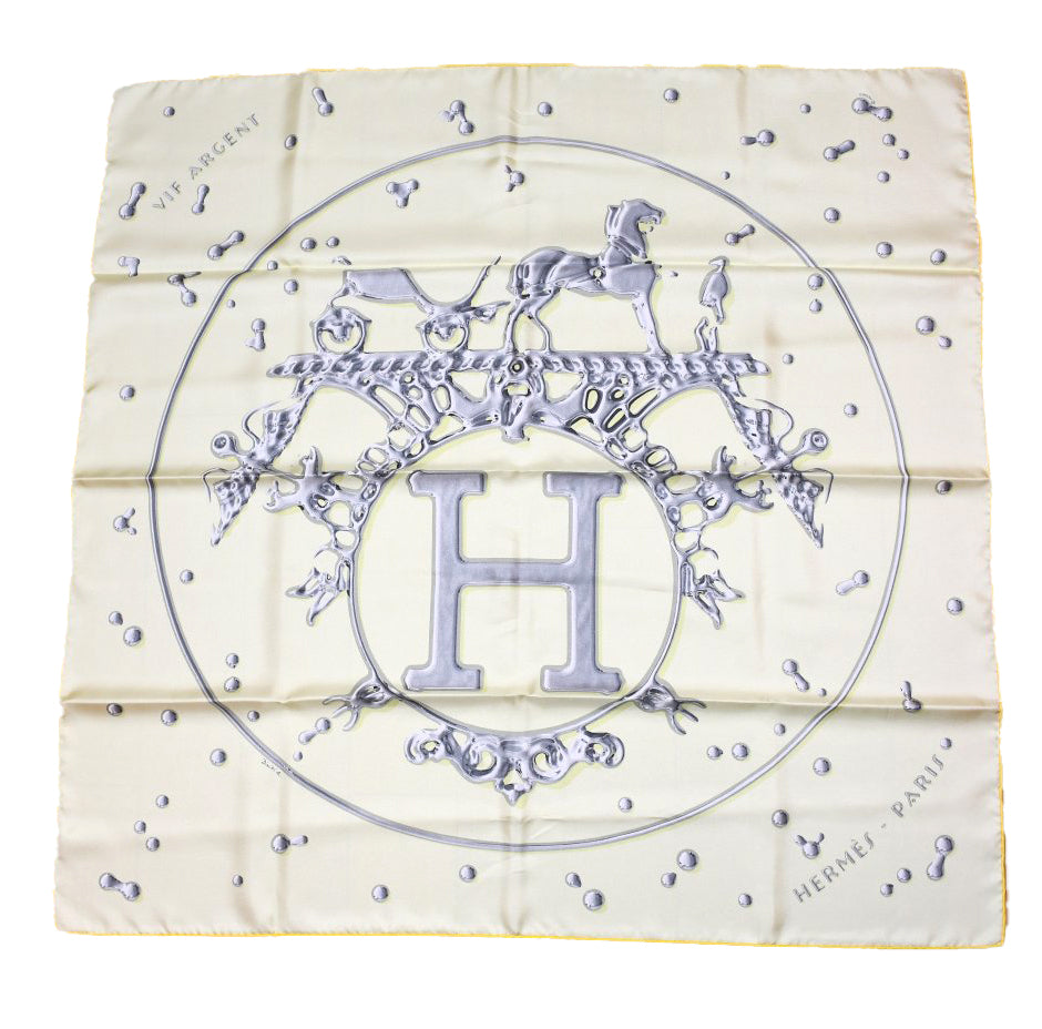 Hermes Scarf Vif Argent by Dimitri Rybaltchenko 90 cm silk light yellow Carre silver drop 35"