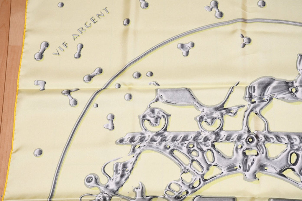 Hermes Scarf Vif Argent by Dimitri Rybaltchenko 90 cm silk light yellow Carre silver drop 35"