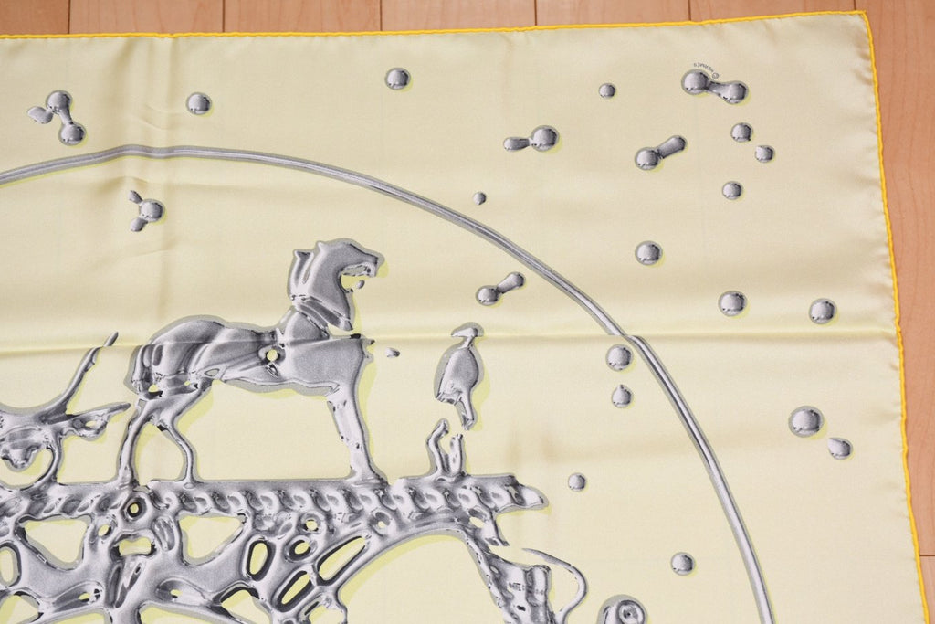 Hermes Scarf Vif Argent by Dimitri Rybaltchenko 90 cm silk light yellow Carre silver drop 35"