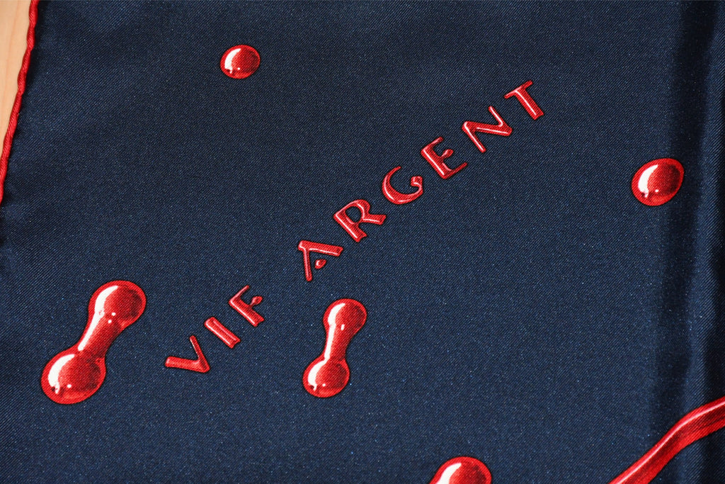 Hermes Scarf Vif Argent by Dimitri Rybaltchenko 90 cm silk navy red Carre silver drop