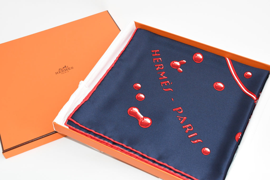 Hermes Scarf Vif Argent by Dimitri Rybaltchenko 90 cm silk navy red Carre silver drop