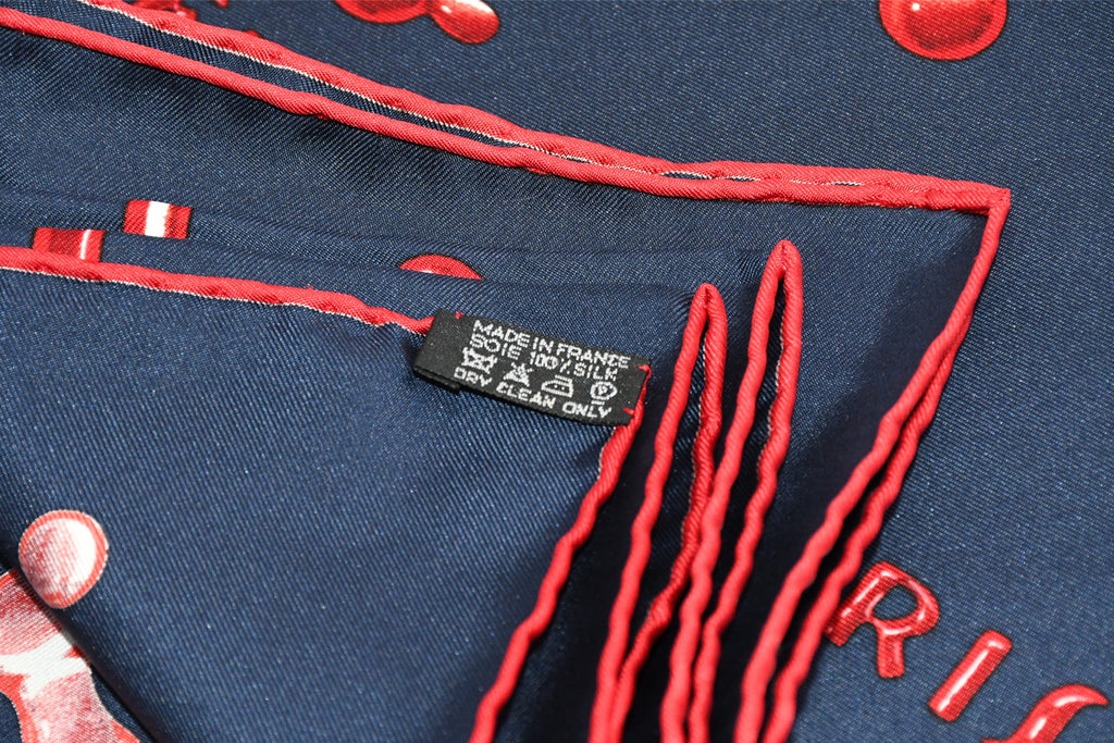 Hermes Scarf Vif Argent by Dimitri Rybaltchenko 90 cm silk navy red Carre silver drop