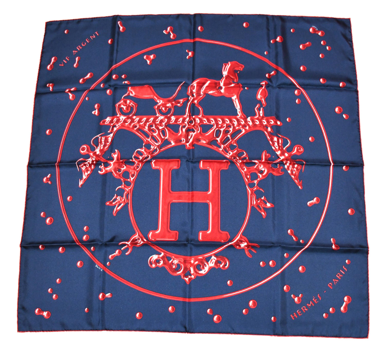 Hermes Scarf Vif Argent by Dimitri Rybaltchenko 90 cm silk navy red Carre silver drop