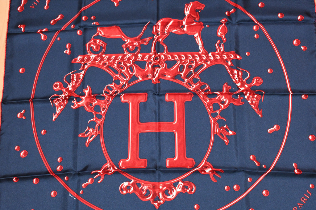 Hermes Scarf Vif Argent by Dimitri Rybaltchenko 90 cm silk navy red Carre silver drop