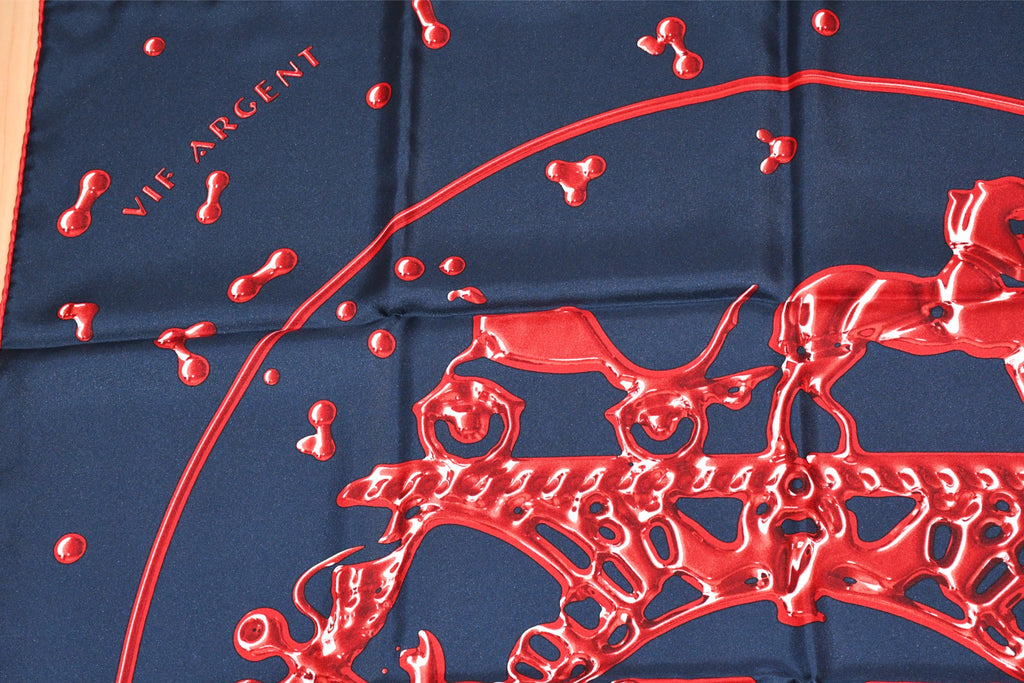 Hermes Scarf Vif Argent by Dimitri Rybaltchenko 90 cm silk navy red Carre silver drop