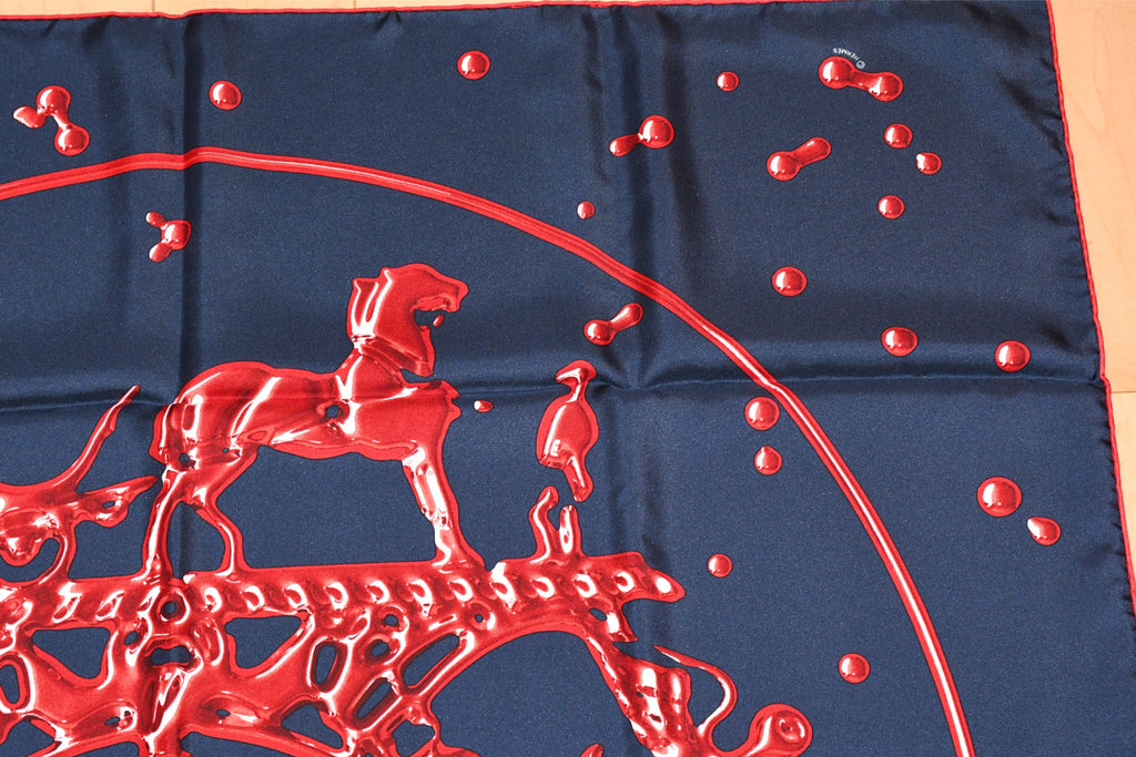 Hermes Scarf Vif Argent by Dimitri Rybaltchenko 90 cm silk navy red Carre silver drop
