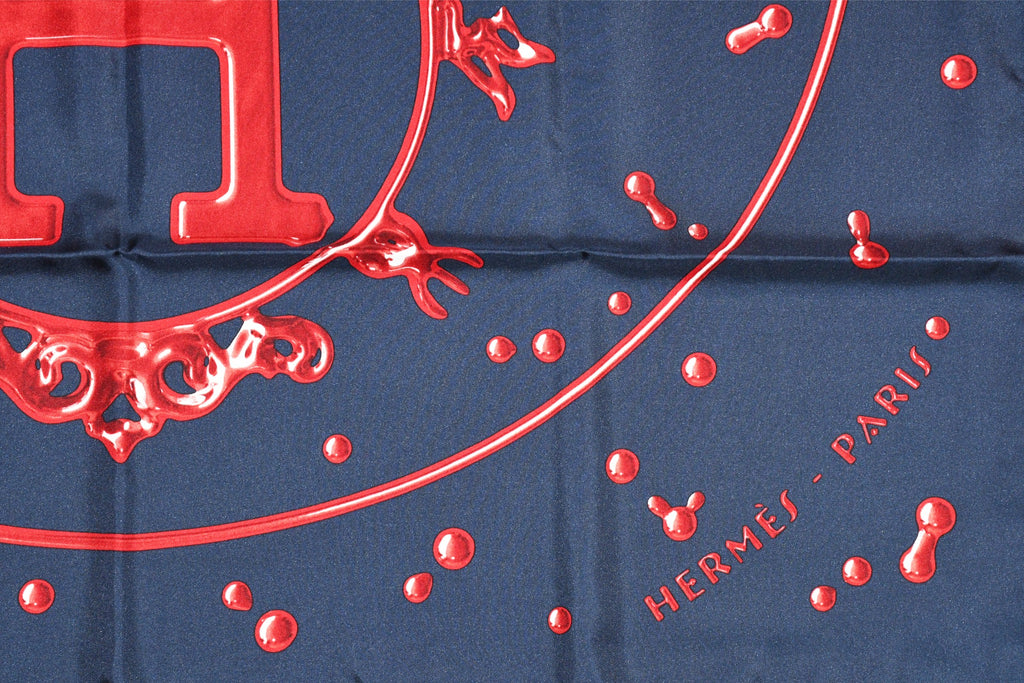 Hermes Scarf Vif Argent by Dimitri Rybaltchenko 90 cm silk navy red Carre silver drop