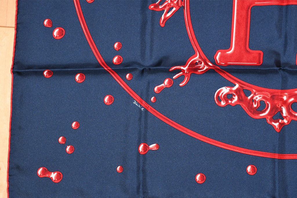 Hermes Scarf Vif Argent by Dimitri Rybaltchenko 90 cm silk navy red Carre silver drop