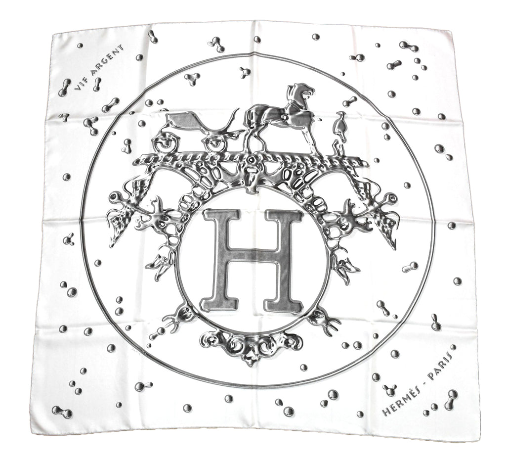 Hermes Scarf Vif Argent by Dimitri Rybaltchenko 90 cm silk white Carre silver drop