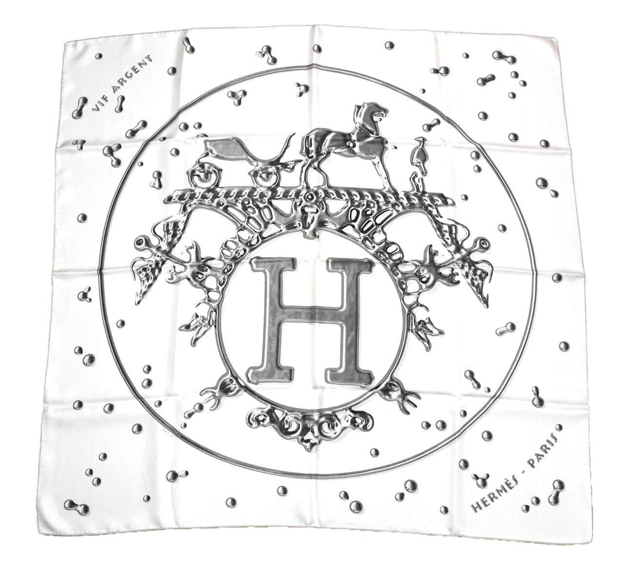 Hermes Scarf Vif Argent by Dimitri Rybaltchenko 90 cm silk white Carre silver drop