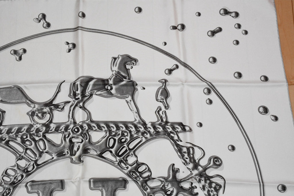 Hermes Scarf Vif Argent by Dimitri Rybaltchenko 90 cm silk white Carre silver drop