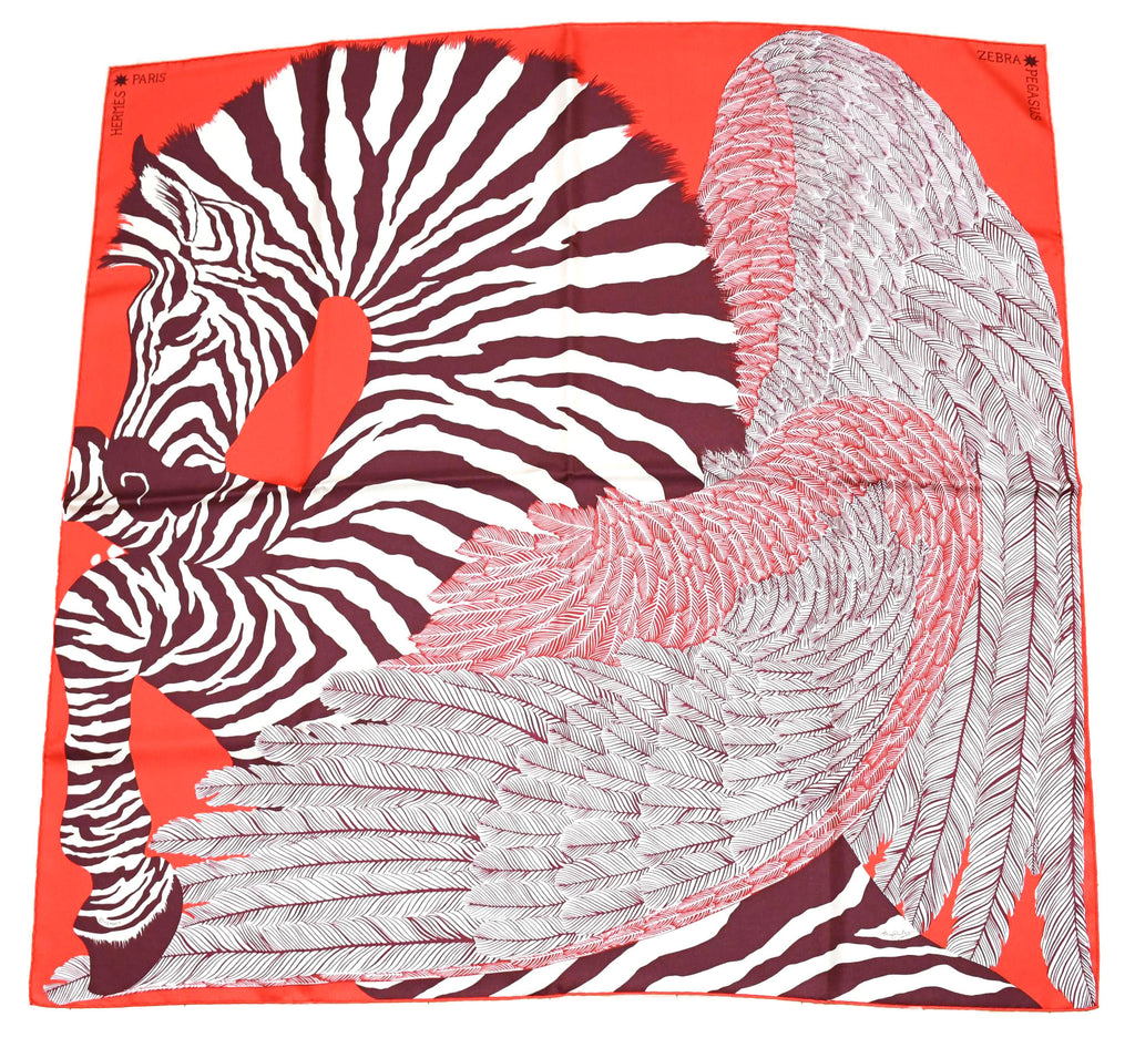 Hermes Scarf Zebra Pegasus 90 cm silk red Carre pegase horse 35"