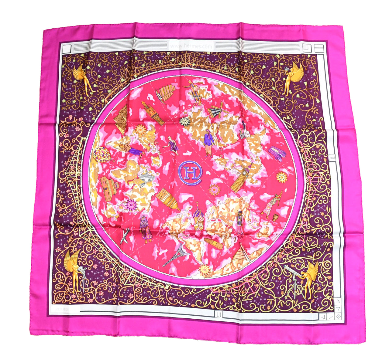 Hermes Scarf www hermes dot com 90 cm Christine Henry silk purple pink Carre 35"