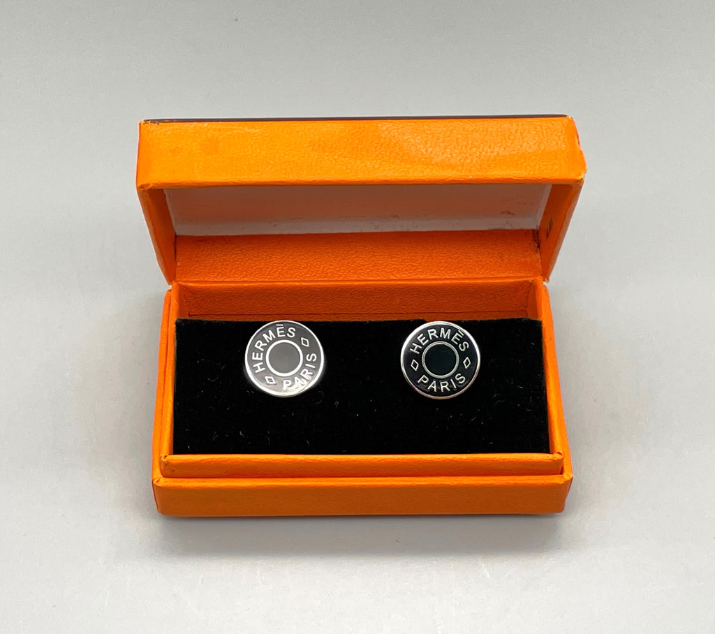 Hermes Sellier Cufflinks silver black Cuffs logo round w/ Box