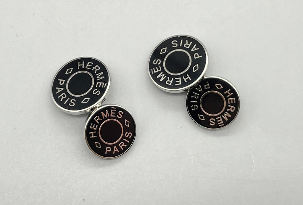 Hermes Sellier Cufflinks silver black Cuffs logo round w/ Box