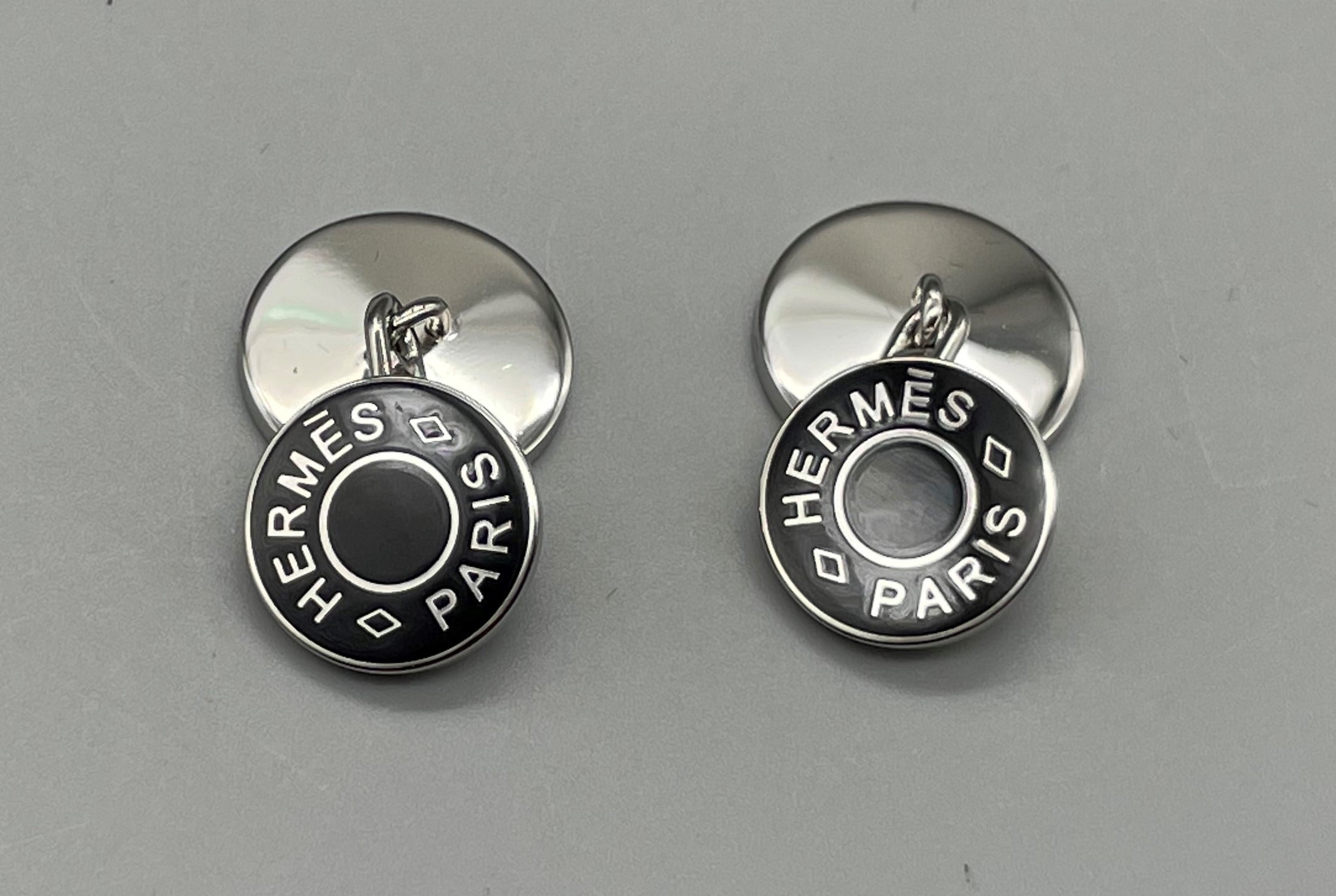 Hermes Sellier Cufflinks silver black Cuffs logo round w/ Box