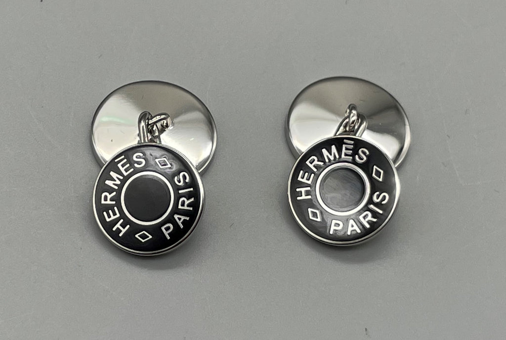 Hermes Sellier Cufflinks silver black Cuffs logo round w/ Box