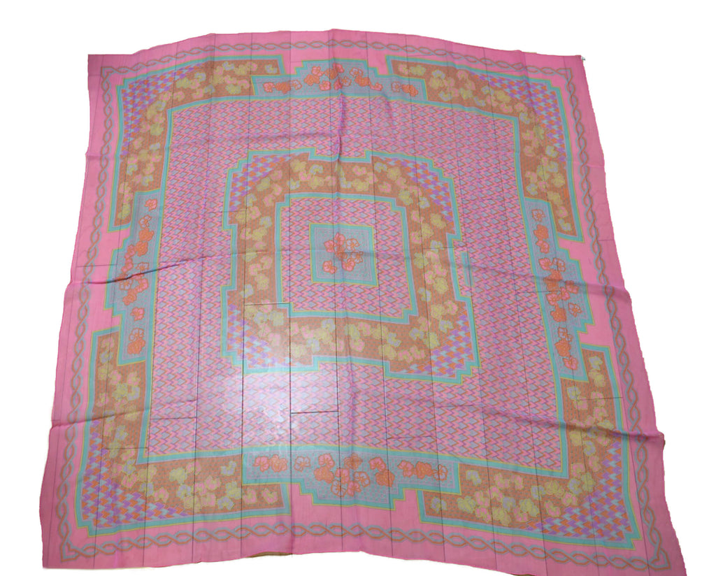 Hermes Shawl 140 cm Chiffon Silk mousseline pink flower Scarf Stole 56"