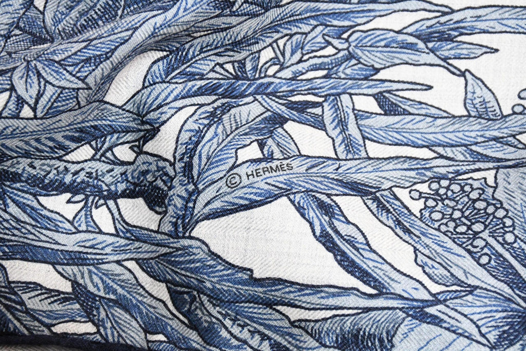 Hermes Shawl All'Orto Botanico di Palermo 140 cm Cashmere silk scarf stole blue