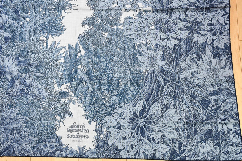 Hermes Shawl All'Orto Botanico di Palermo 140 cm Cashmere silk scarf stole blue