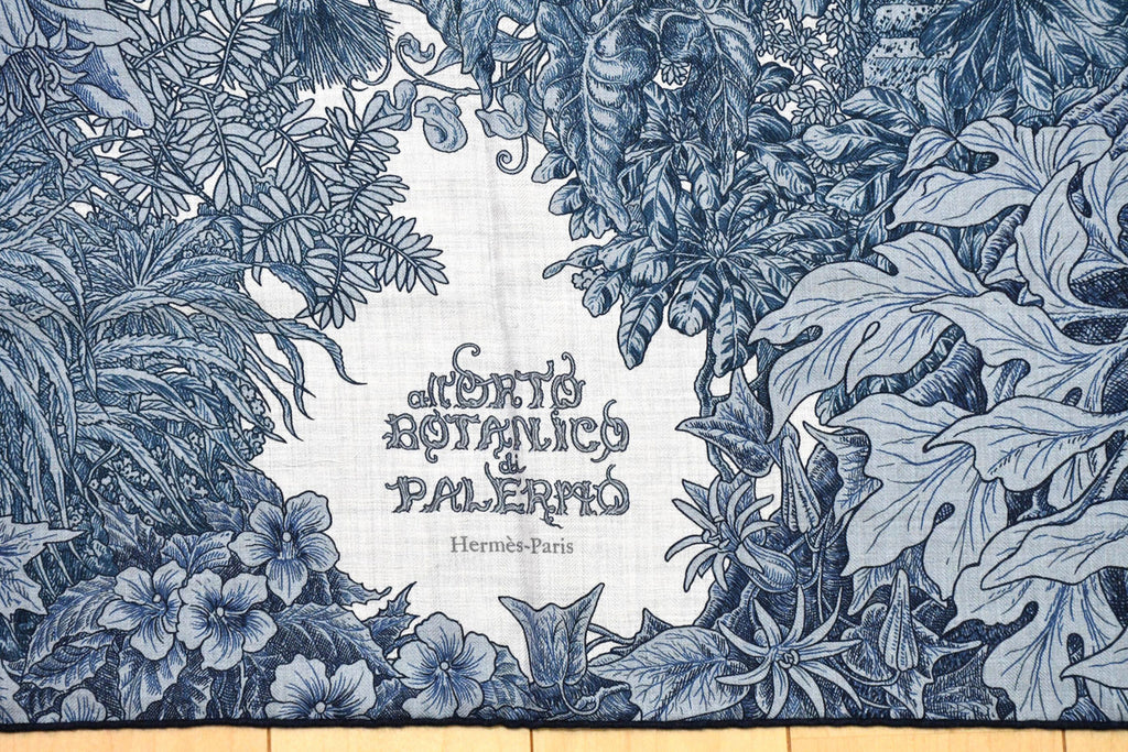 Hermes Shawl All'Orto Botanico di Palermo 140 cm Cashmere silk scarf stole blue