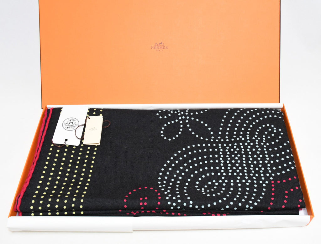 Hermes Shawl Brandebourgs Points 140 cm Cashmere Silk black scarf carre stole 56"