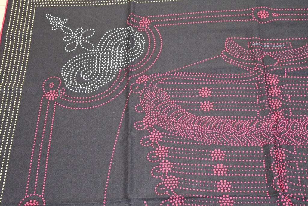 Hermes Shawl Brandebourgs Points 140 cm Cashmere Silk black scarf carre stole 56"