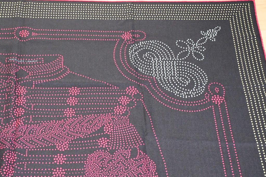 Hermes Shawl Brandebourgs Points 140 cm Cashmere Silk black scarf carre stole 56"