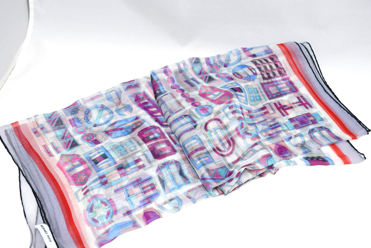Hermes Shawl Carre en Boucles 180 x 65 cm Chiffon Silk mousseline buckle Scarf