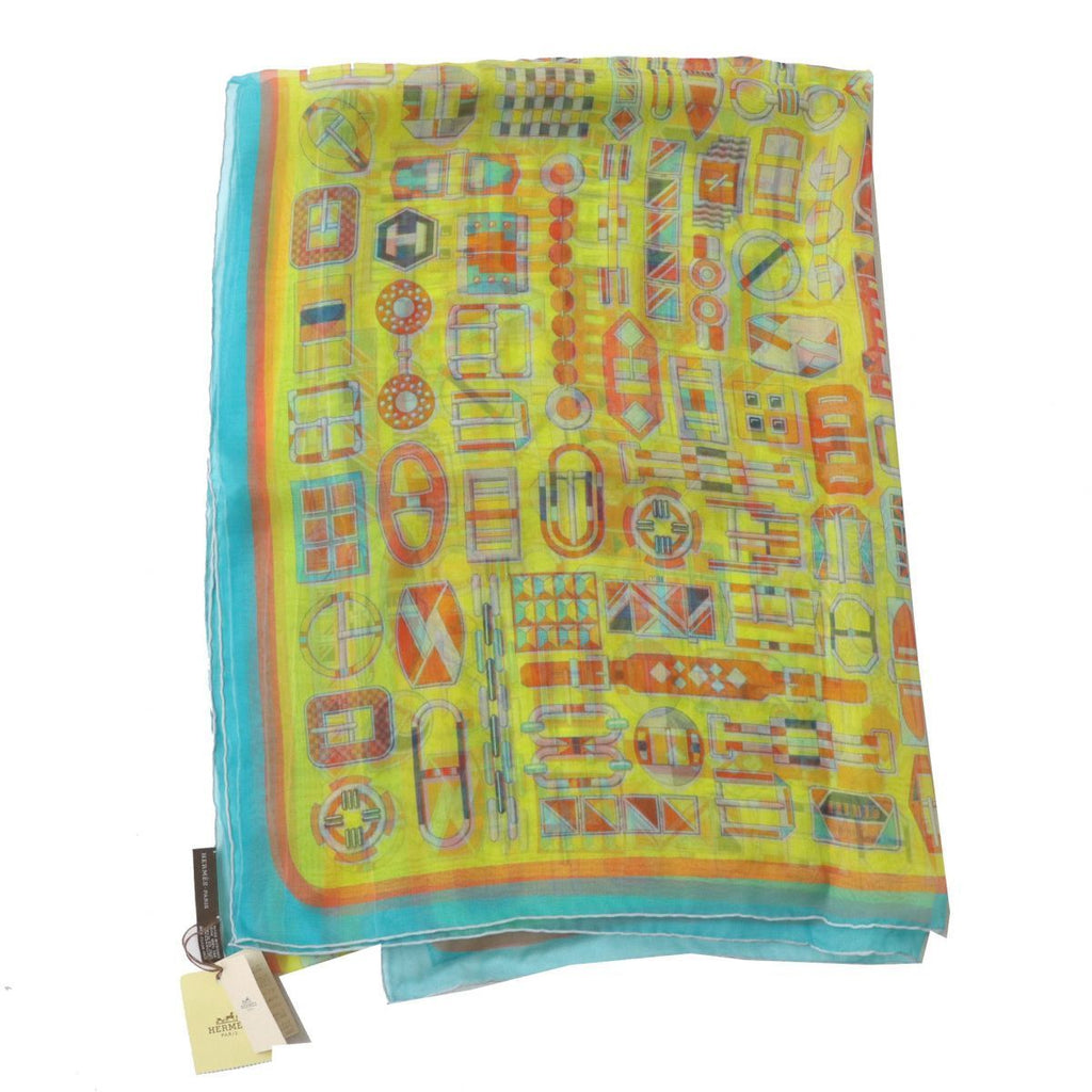 Hermes Shawl Carre en Boucles 180 x 65 cm Chiffon Silk mousseline buckle scarf stole light yellow