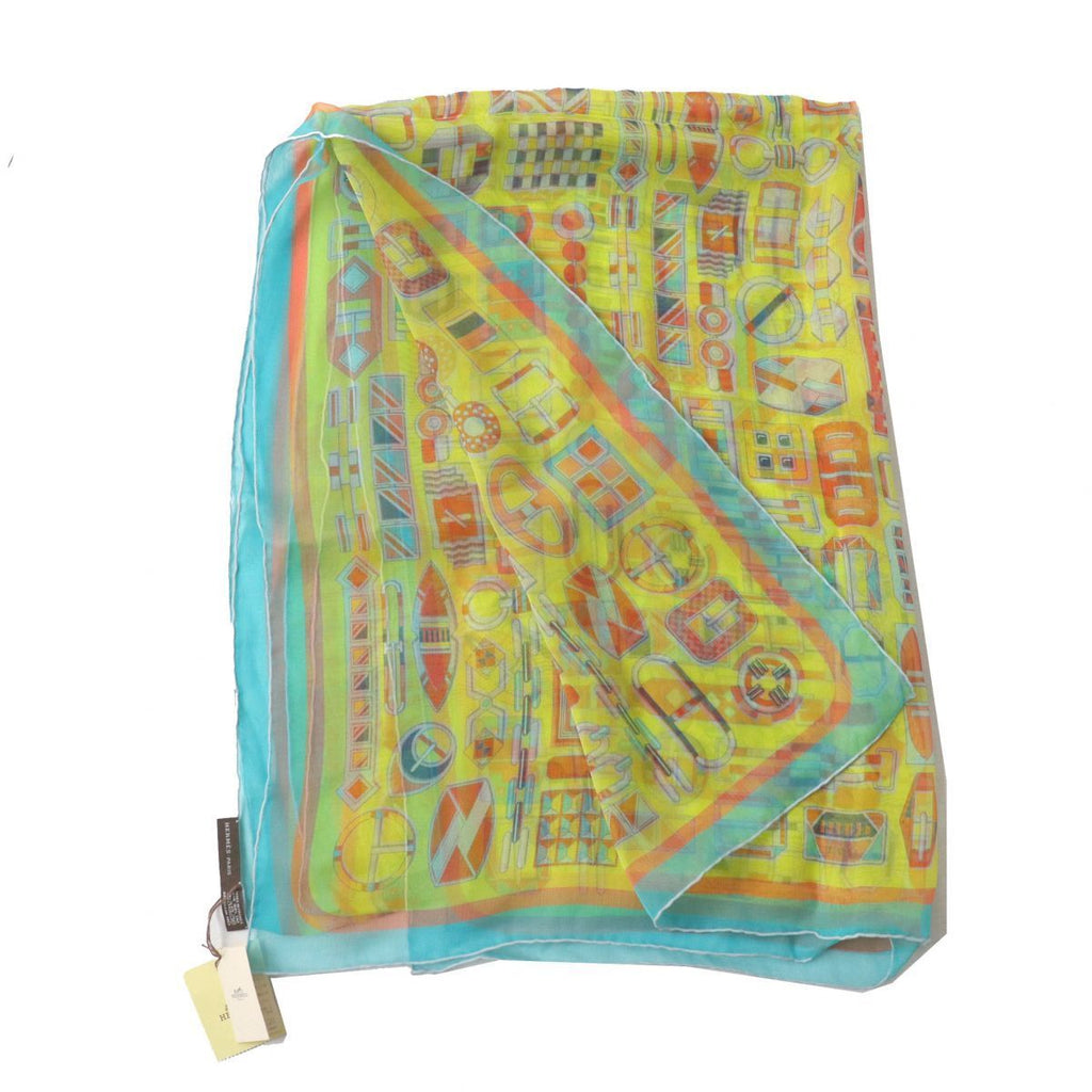 Hermes Shawl Carre en Boucles 180 x 65 cm Chiffon Silk mousseline buckle scarf stole light yellow