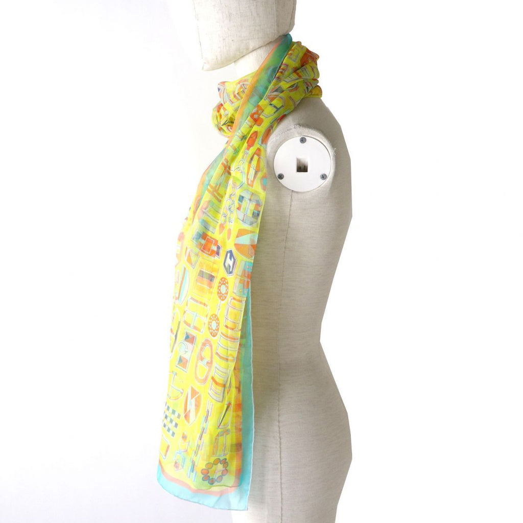 Hermes Shawl Carre en Boucles 180 x 65 cm Chiffon Silk mousseline buckle scarf stole light yellow