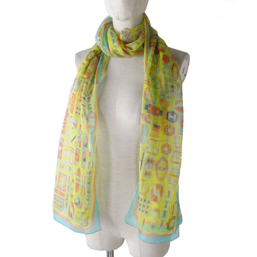 Hermes Shawl Carre en Boucles 180 x 65 cm Chiffon Silk mousseline buckle scarf stole light yellow