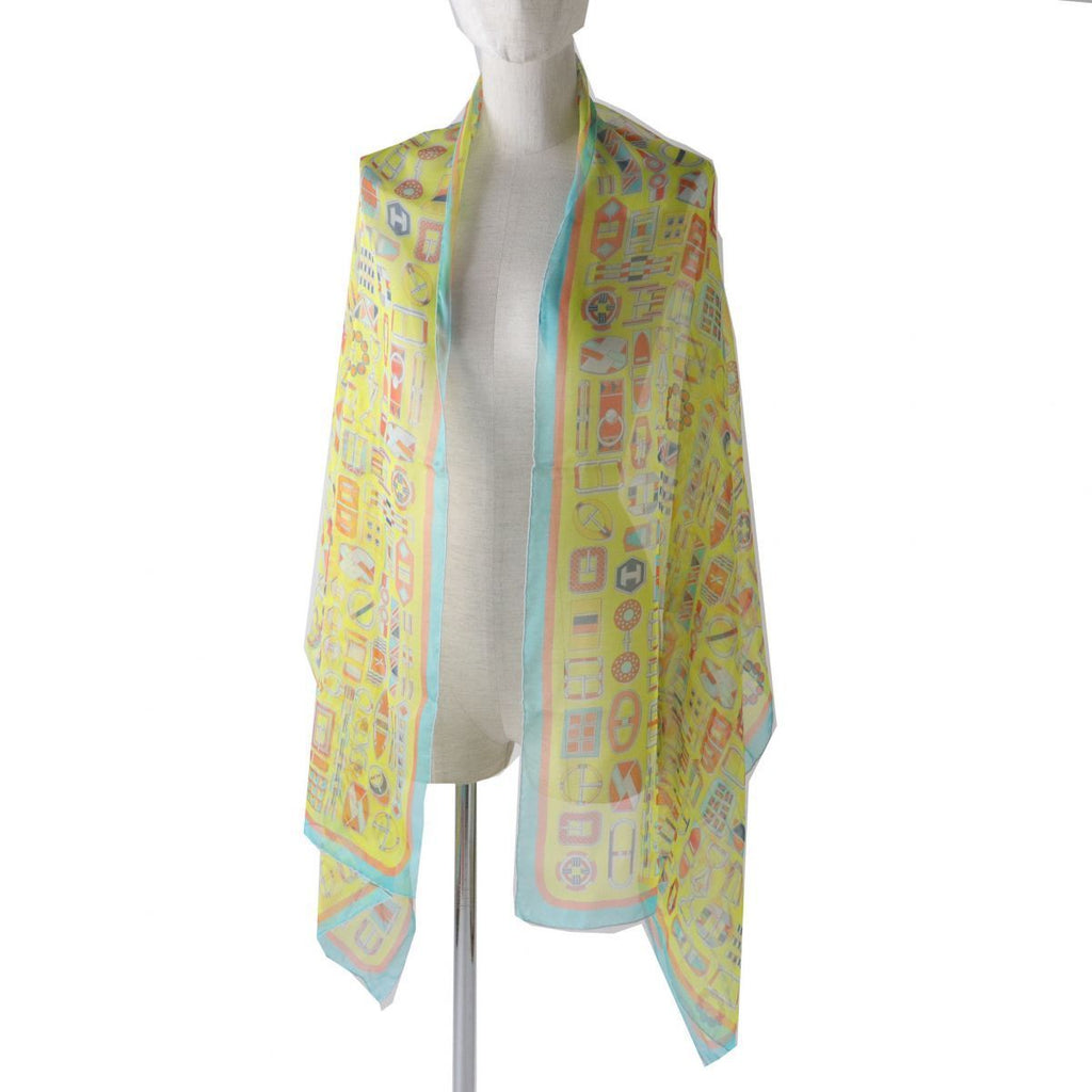 Hermes Shawl Carre en Boucles 180 x 65 cm Chiffon Silk mousseline buckle scarf stole light yellow