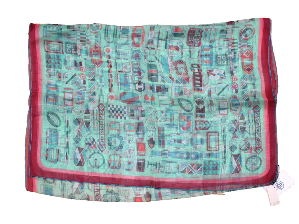 Hermes Shawl Carre en Boucles 180 x 65 cm Chiffon silk mousseline stole buckle chain