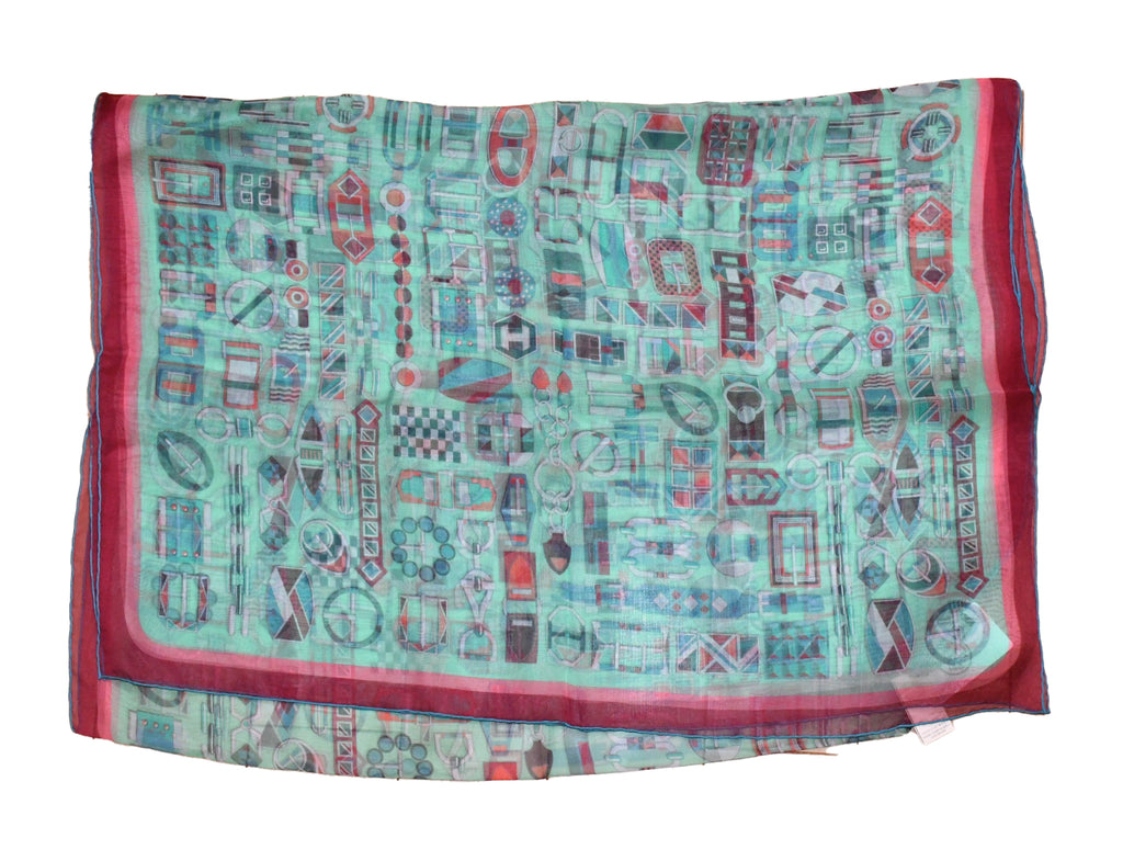 Hermes Shawl Carre en Boucles 180 x 65 cm Chiffon silk mousseline stole buckle chain