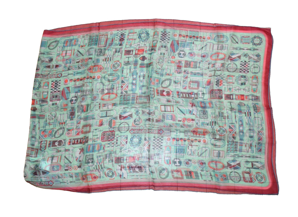 Hermes Shawl Carre en Boucles 180 x 65 cm Chiffon silk mousseline stole buckle chain