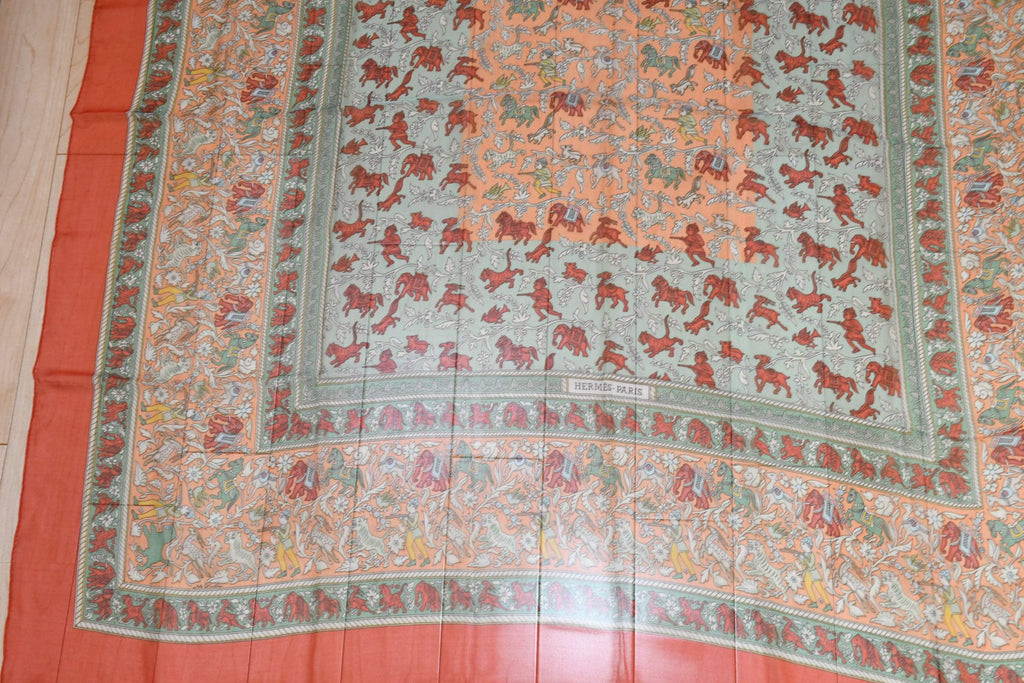 Hermes Shawl Chasee en Inde 140 cm Chiffon Silk mousseline Red 56" Scarf Stole