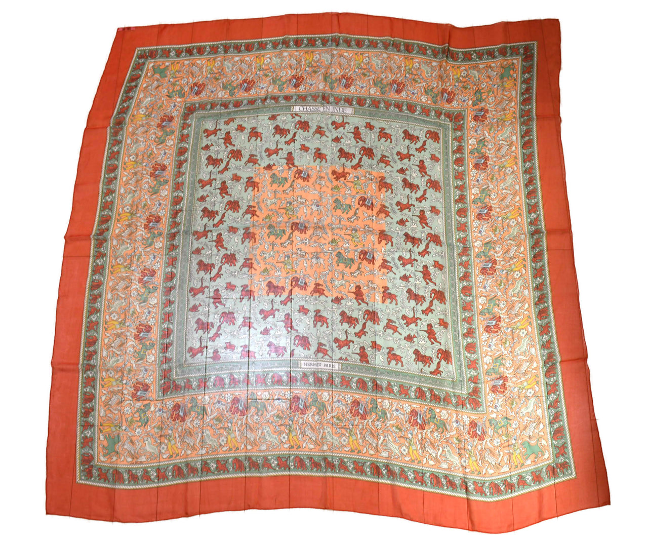 Hermes Shawl Chasee en Inde 140 cm Chiffon Silk mousseline Red 56" Scarf Stole
