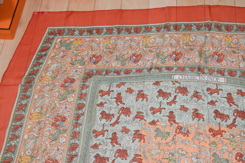 Hermes Shawl Chasee en Inde 140 cm Chiffon Silk mousseline Red 56" Scarf Stole
