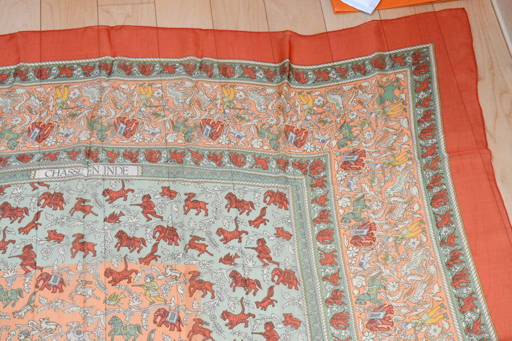 Hermes Shawl Chasee en Inde 140 cm Chiffon Silk mousseline Red 56" Scarf Stole
