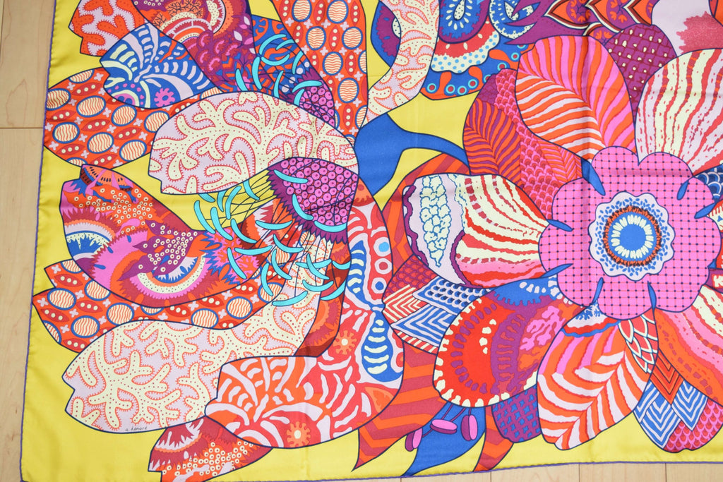 Hermes Shawl Fleurs d'Indiennes by Aline Honore 140 Silk Yellow 56” inch Scarf Carre