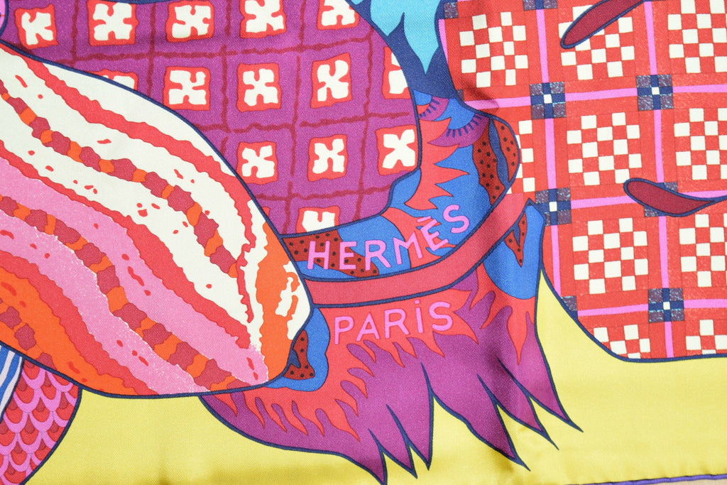Hermes Shawl Fleurs d'Indiennes by Aline Honore 140 Silk Yellow 56” inch Scarf Carre