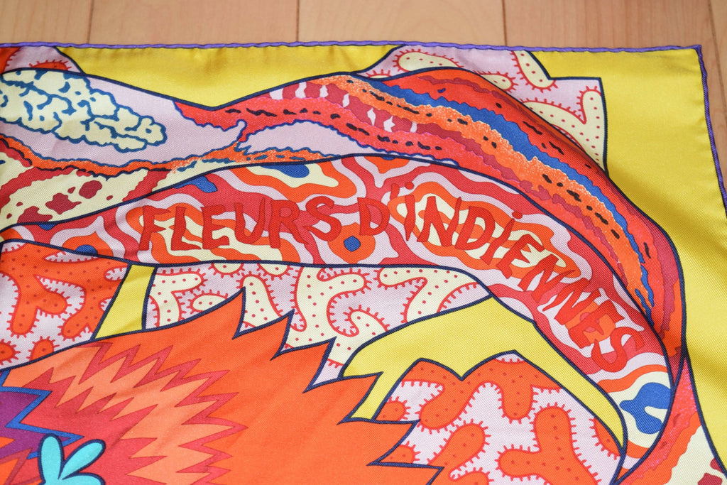 Hermes Shawl Fleurs d'Indiennes by Aline Honore 140 Silk Yellow 56” inch Scarf Carre