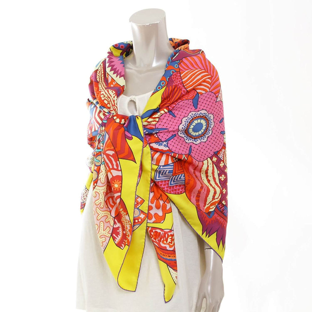 Hermes Shawl Fleurs d'Indiennes by Aline Honore 140 Silk Yellow 56” inch Scarf Carre