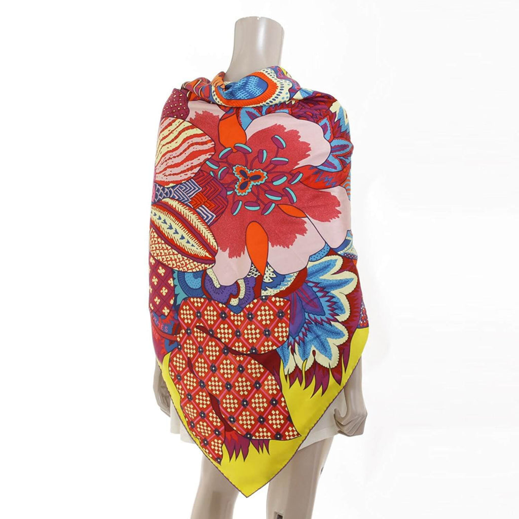 Hermes Shawl Fleurs d'Indiennes by Aline Honore 140 Silk Yellow 56” inch Scarf Carre